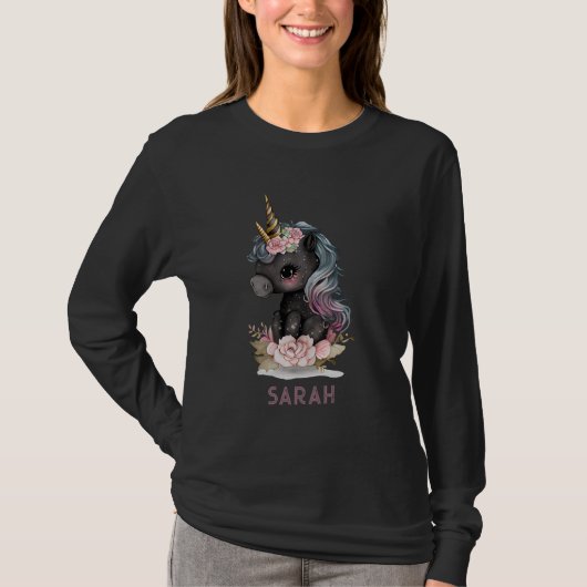 Cute Black Unicorn met Flowers Waterverf Unicorn T-shirt (Voorkant)