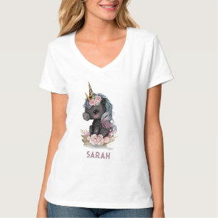 Cute Black Unicorn met Flowers Waterverf Unicorn T-shirt