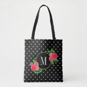 Cute Black Waterverf Red Flowers Stip Monogram Tote Bag (Voorkant)