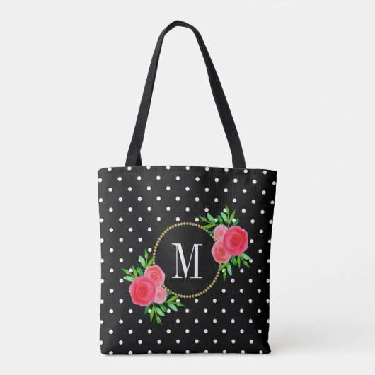 Cute Black Waterverf Red Flowers Stip Monogram Tote Bag (Achterkant)