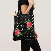 Cute Black Waterverf Red Flowers Stip Monogram Tote Bag (Dichtbij)