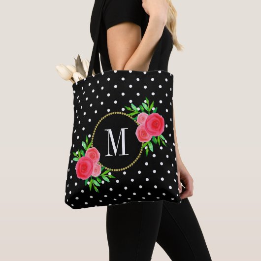 Cute Black Waterverf Red Flowers Stip Monogram Tote Bag (Dichtbij)