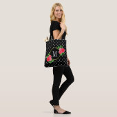 Cute Black Waterverf Red Flowers Stip Monogram Tote Bag (Op model)