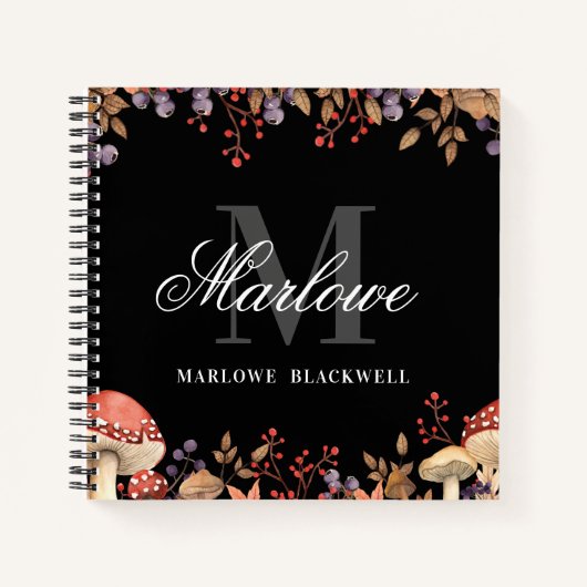 Cute Black White Autumn Monogram Script Notitieboek (Voorkant)