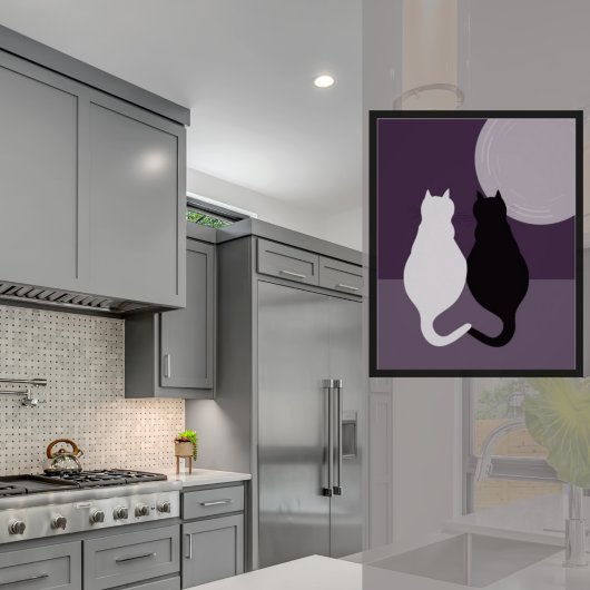 Cute Black & White Cat Pair Paars-Blue Night Poster