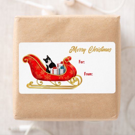 Cute Black White Cat Sleigh Gift Label (Insitu)