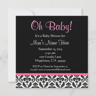Cute Black White Feather Pink Damask Baby shower Kaart