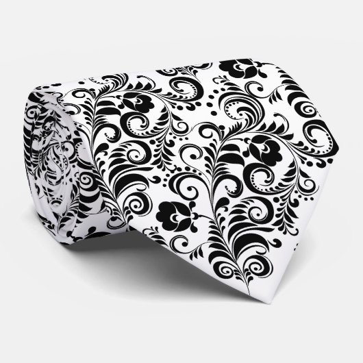 Cute Black White floral background design Stropdas (Opgerold)