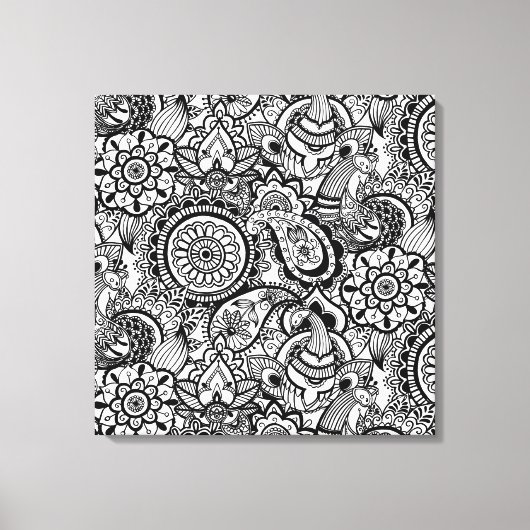 Cute black white floral paisley canvas afdruk (Voorkant)