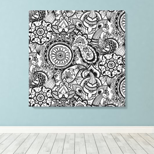 Cute black white floral paisley canvas afdruk (Insitu (Houten vloer))