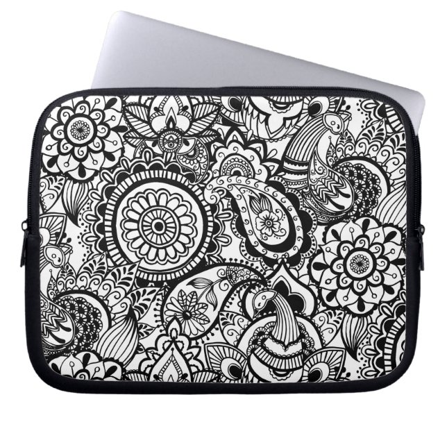 Cute black white floral paisley laptop sleeve (Voorkant)