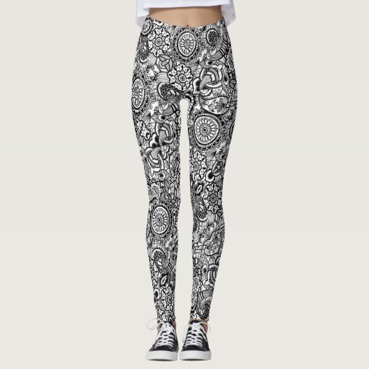 Cute black white floral paisley leggings (Voorkant)