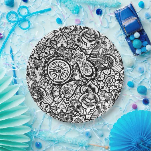 Cute black white floral paisley papieren bordje (Feest)