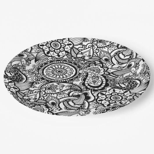 Cute black white floral paisley papieren bordje (Gekanteld)