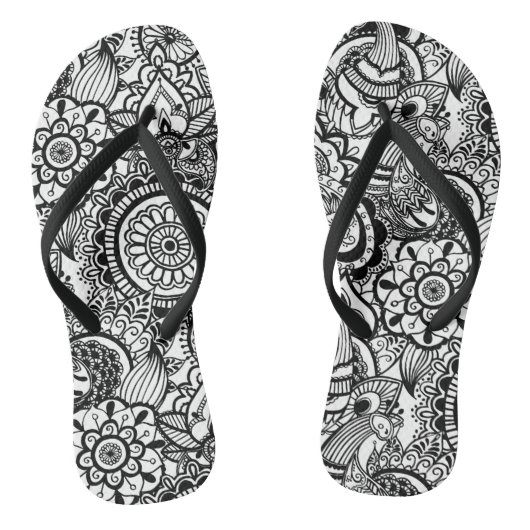 Cute black white floral paisley teenslippers (Voetbed)