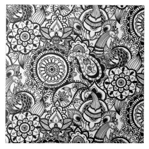 Cute black white floral paisley tegeltje