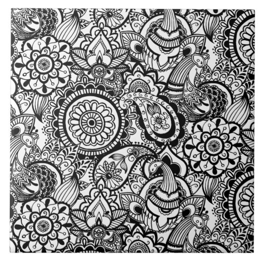 Cute black white floral paisley tegeltje (Voorkant)
