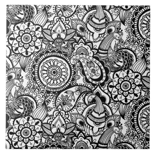 Cute black white floral paisley tegeltje (Voorkant)