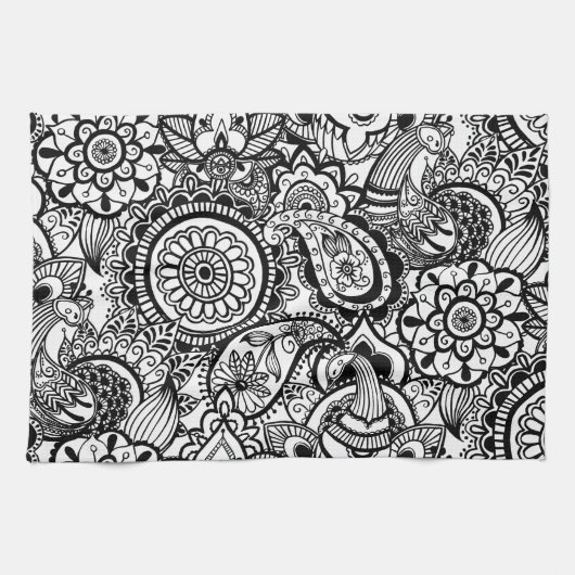 Cute black white floral paisley theedoek (Horizontaal)
