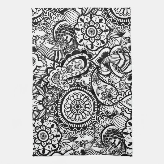 Cute black white floral paisley theedoek (Verticaal)