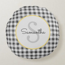 Cute Black & White Gingham Persoonlijk Monogram Rond Kussen