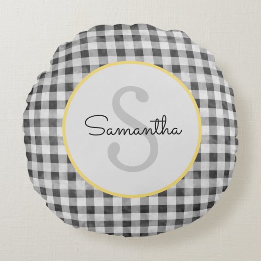 Cute Black & White Gingham Persoonlijk Monogram Rond Kussen (Voorkant)