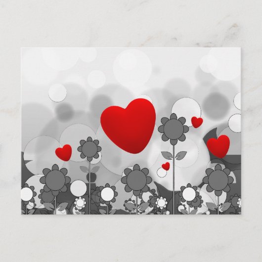 Cute Black/White/Grey Flowers met Big Red Heart Briefkaart (Voorkant)