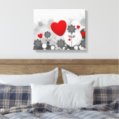 Cute Black/White/Grey Flowers met Big Red Heart Canvas Afdruk (Insitu (Slaapkamer))