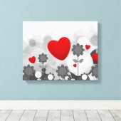 Cute Black/White/Grey Flowers met Big Red Heart Canvas Afdruk (Insitu (Houten vloer))