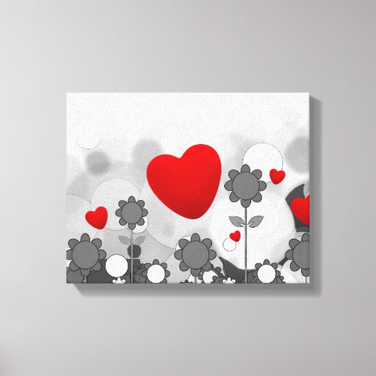 Cute Black/White/Grey Flowers met Big Red Heart Canvas Afdruk (Voorkant)