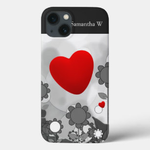 Cute Black/White/Grey Flowers met Big Red Heart iPhone 13 Hoesje