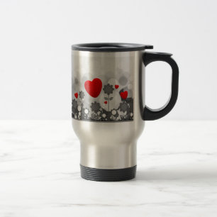 Cute Black/White/Grey Flowers met Big Red Heart Reisbeker