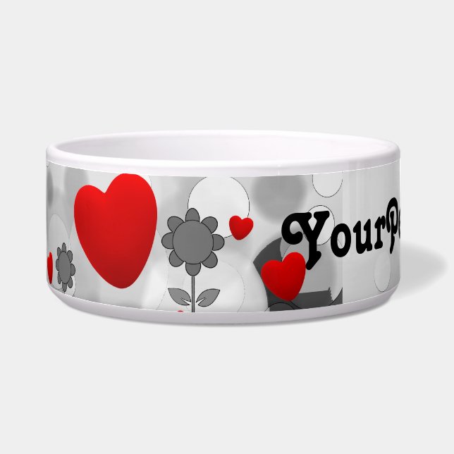 Cute Black/White/Grey Flowers met Big Red Heart Voerbakje (Links)