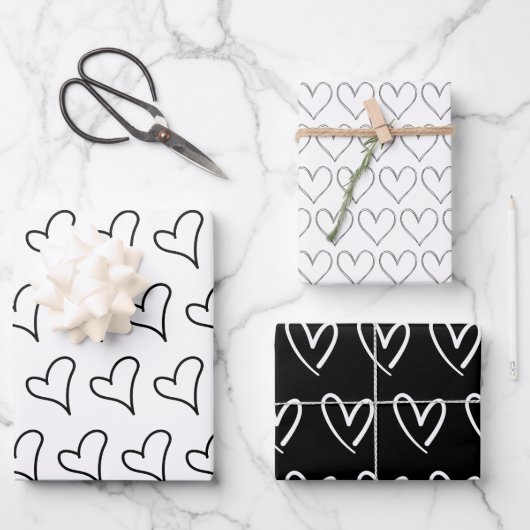 Cute Black White Hearts Pattern Valentijn Inpakpapier Vel (Voorkant)
