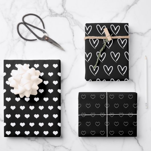 Cute Black White Hearts Pattern Valentijn Modern Inpakpapier Vel (Voorkant)