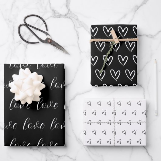 Cute Black White Hearts Pattern Valentijn Modern W Inpakpapier Vel (Voorkant)