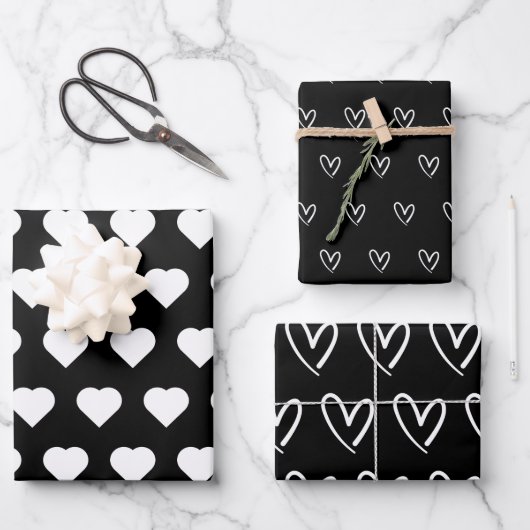 Cute Black White Hearts Pattern Valentijn Wrappin Inpakpapier Vel (Voorkant)