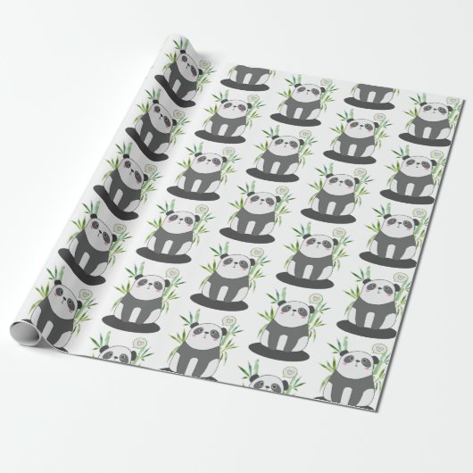 Cute Black & White Panda in Bamboo Pattern Cadeaupapier (Uitgerold)