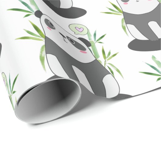 Cute Black & White Panda in Bamboo Pattern Cadeaupapier (Rol Hoek)