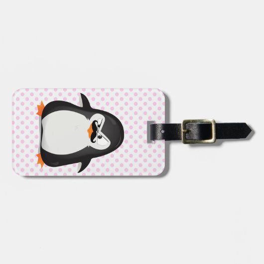 Cute Black White Penguin and Funny Mustache Bagagelabel (Voorkant horizontaal)