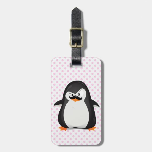 Cute Black White Penguin and Funny Mustache Bagagelabel (Voorkant verticaal)