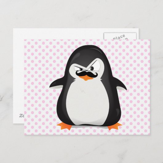 Cute Black White Penguin and Funny Mustache Briefkaart (Voorkant / Achterkant)