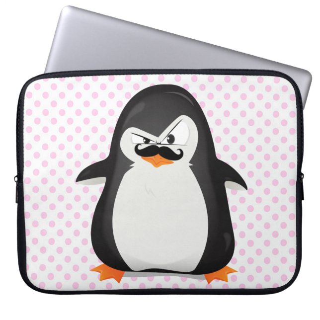 Cute Black White Penguin and Funny Mustache Laptop Sleeve (Voorkant)