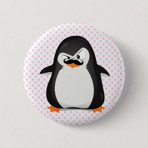 Cute Black White Penguin and Funny Mustache Ronde Button 5,7 Cm