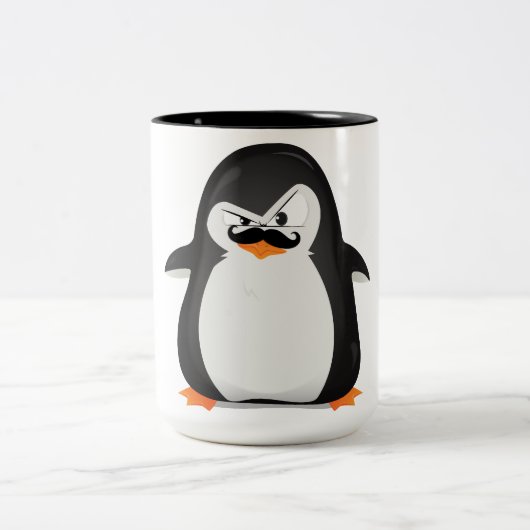 Cute Black White Penguin and Funny Mustache Tweekleurige Koffiemok (Center)
