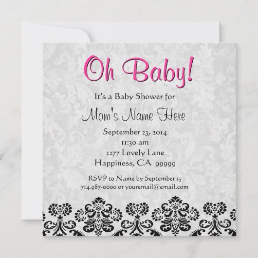 Cute Black White Pink Heart Damask Baby shower Kaart (Voorkant)
