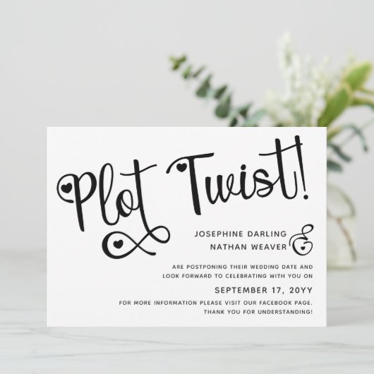 Cute Black White Plot Twist Postponed Weddenschap Save The Date (Staand voorkant)