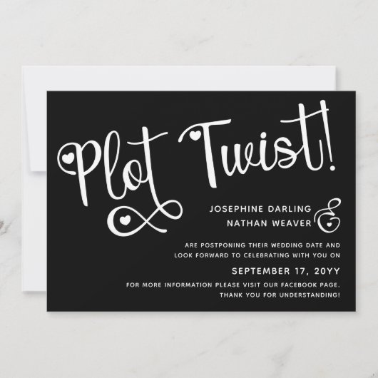 Cute Black White Plot Twist Postponed Wedding Save The Date (Voorkant)