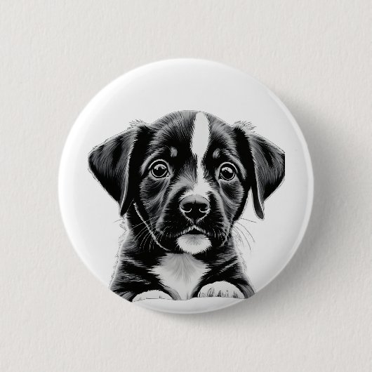 Cute Black & White Puppy – Adorable Dog Button (Voorkant)