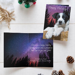 Cute Black White Puppy Colorful Starry Sky Feestdagen Kaart